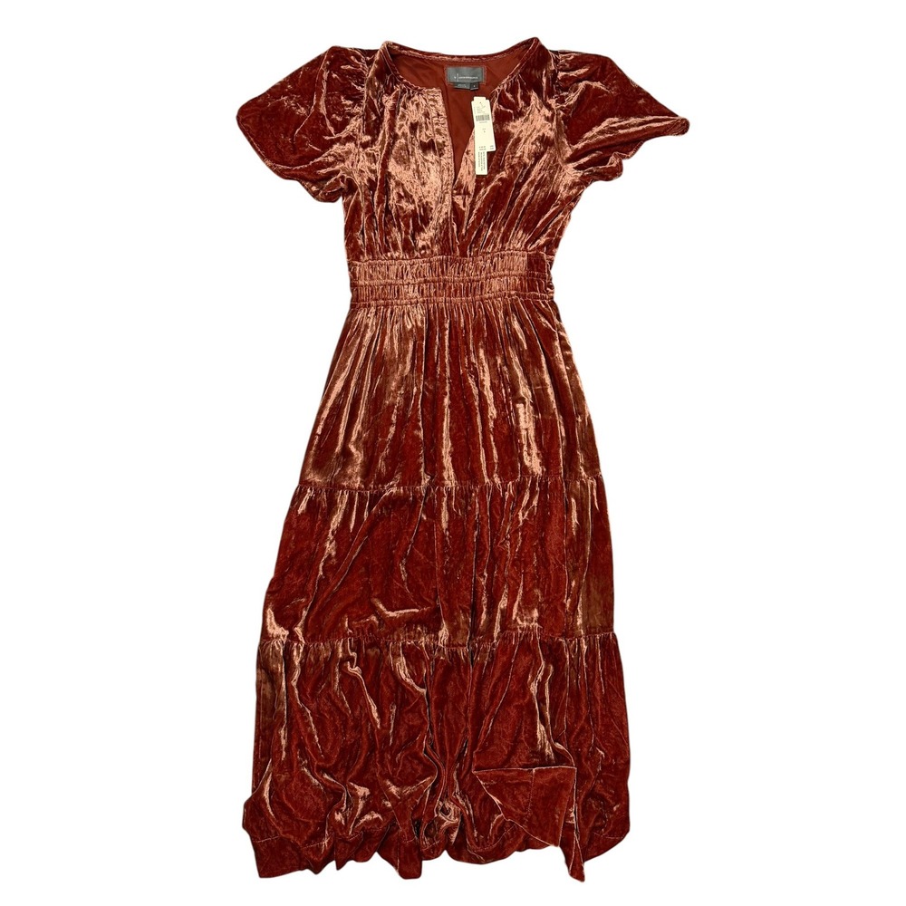 Anthropologie Somerset Velvet Maxi Dress Rust Orange Smocked Tiered Small NWT